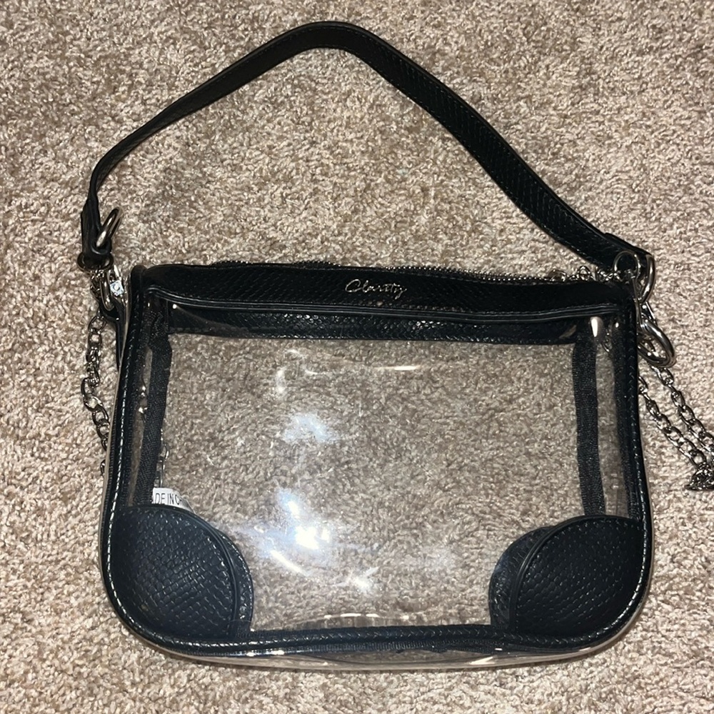 Clear stadium purse, black handle with silver adjustable strap